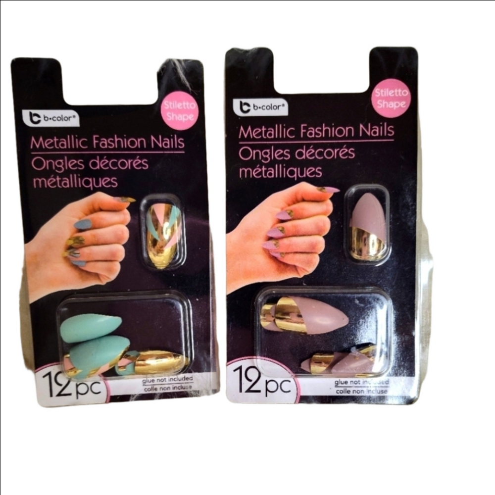 B*Color Gold Pink Green Metallic Stiletto False Nails NWT